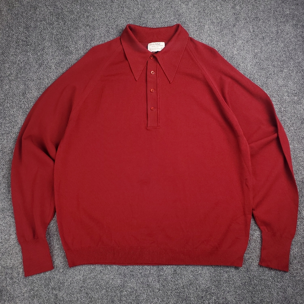 Vintage 70s Thane Polo Shirt Mens XL Long Sleeve Dagger Collar Retro Disco Red